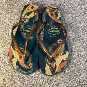Havaianas Slim Paisley Peacock Teal Copper Metallic Flip Flop Sandal Womens 9/10